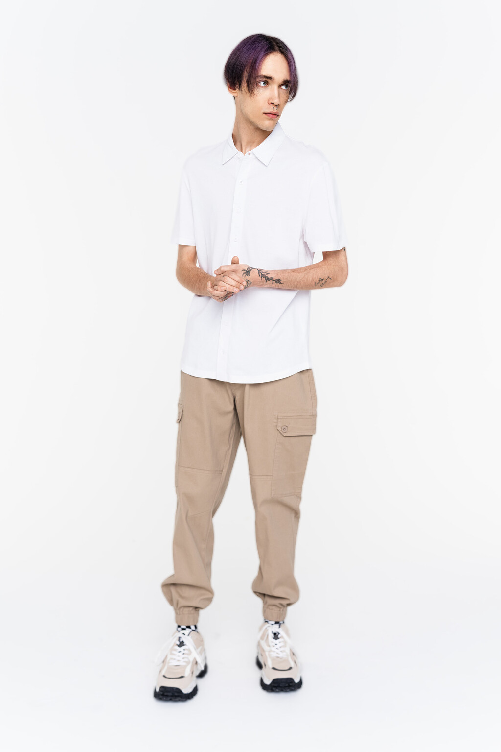 Рубашка хлопковая трикотажная с коротким рукавом - цвет белый - 1