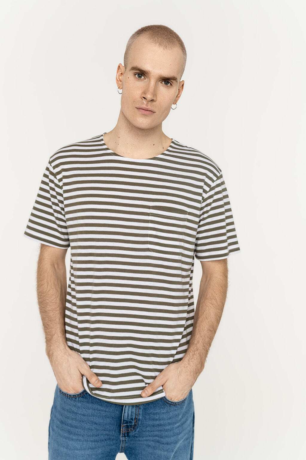 футболка хлопковая в полоску с нагрудным карманом - цвет зеленый - 1