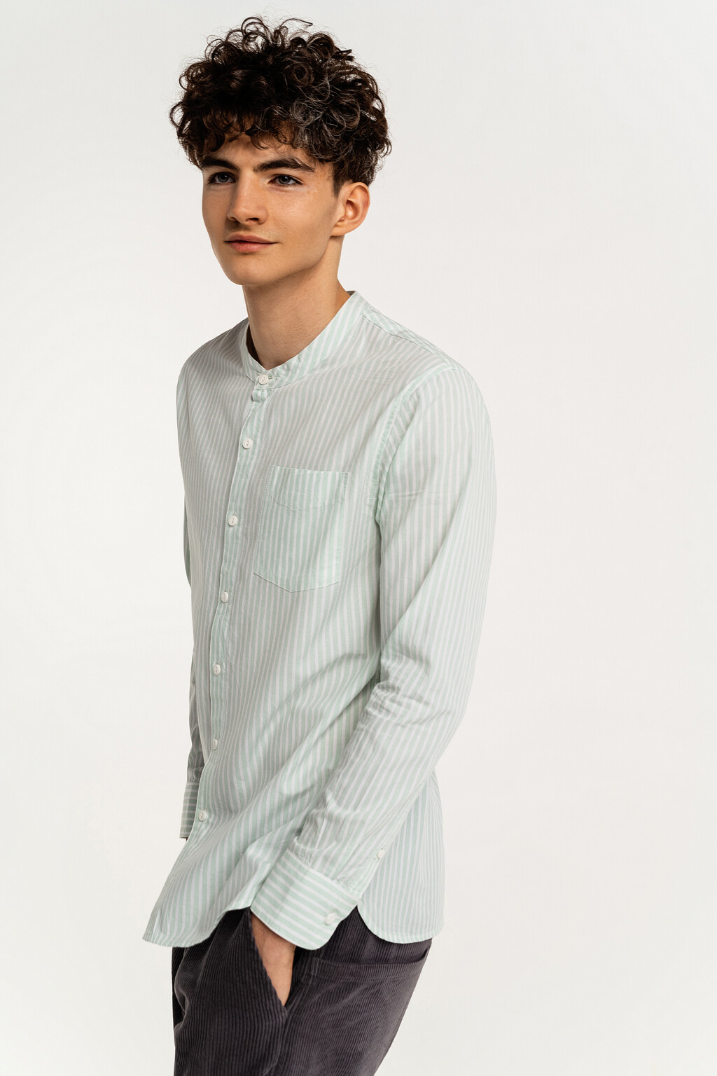Рубашка хлопковая в вертикальную полоску - цвет зеленый - 2