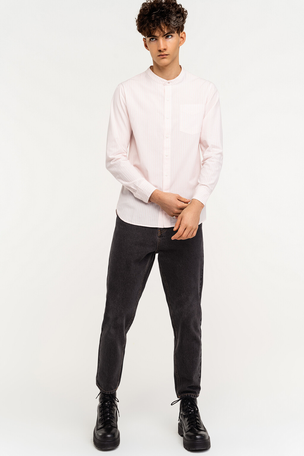 Рубашка хлопковая с воротником-стойкой - цвет розовый - 1