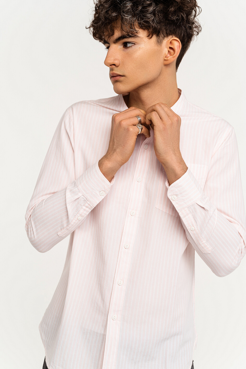 Рубашка хлопковая с воротником-стойкой - цвет розовый - 2