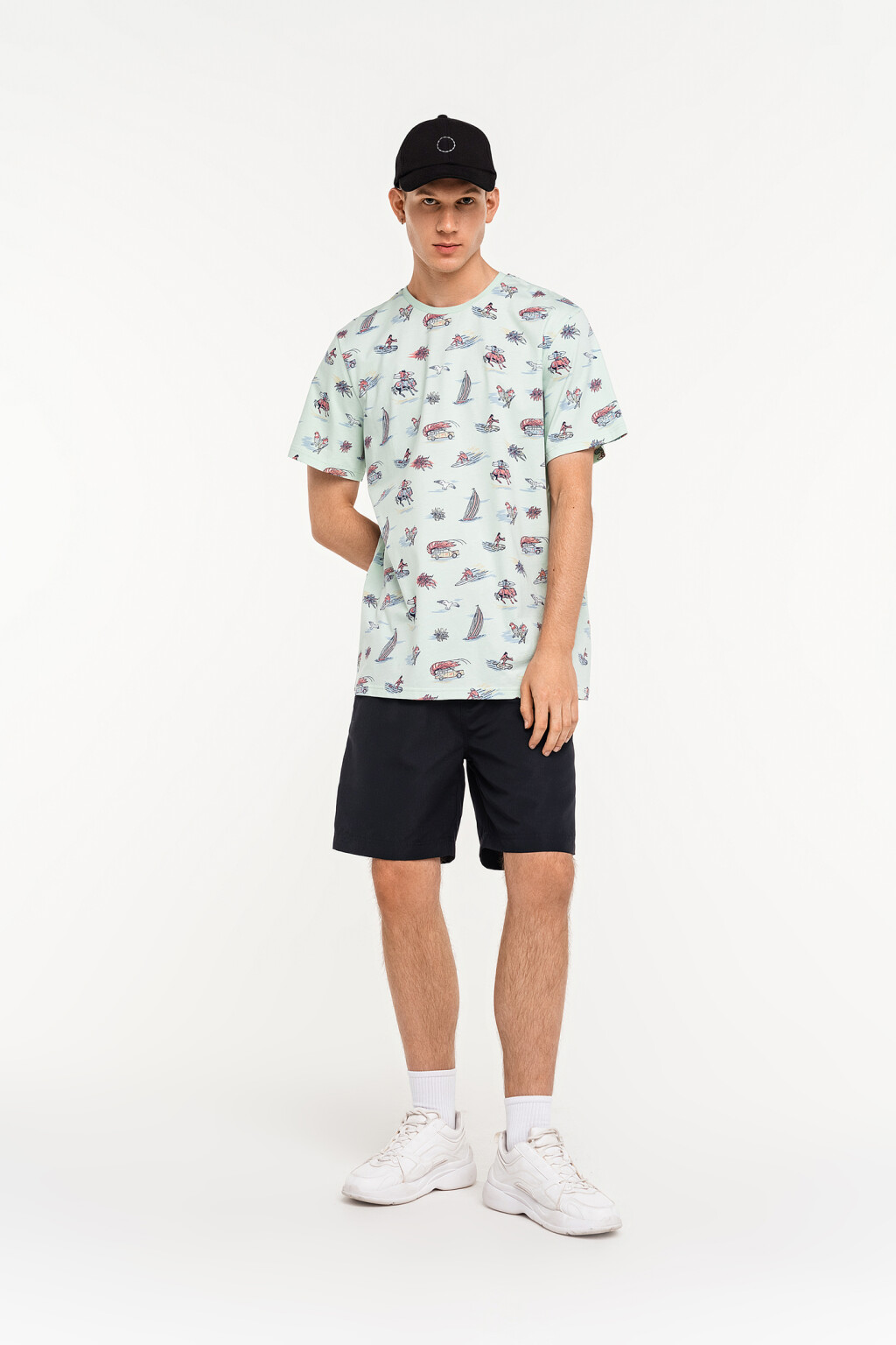 Футболка хлопковая со сплошным пляжным принтом - цвет голубой - 1