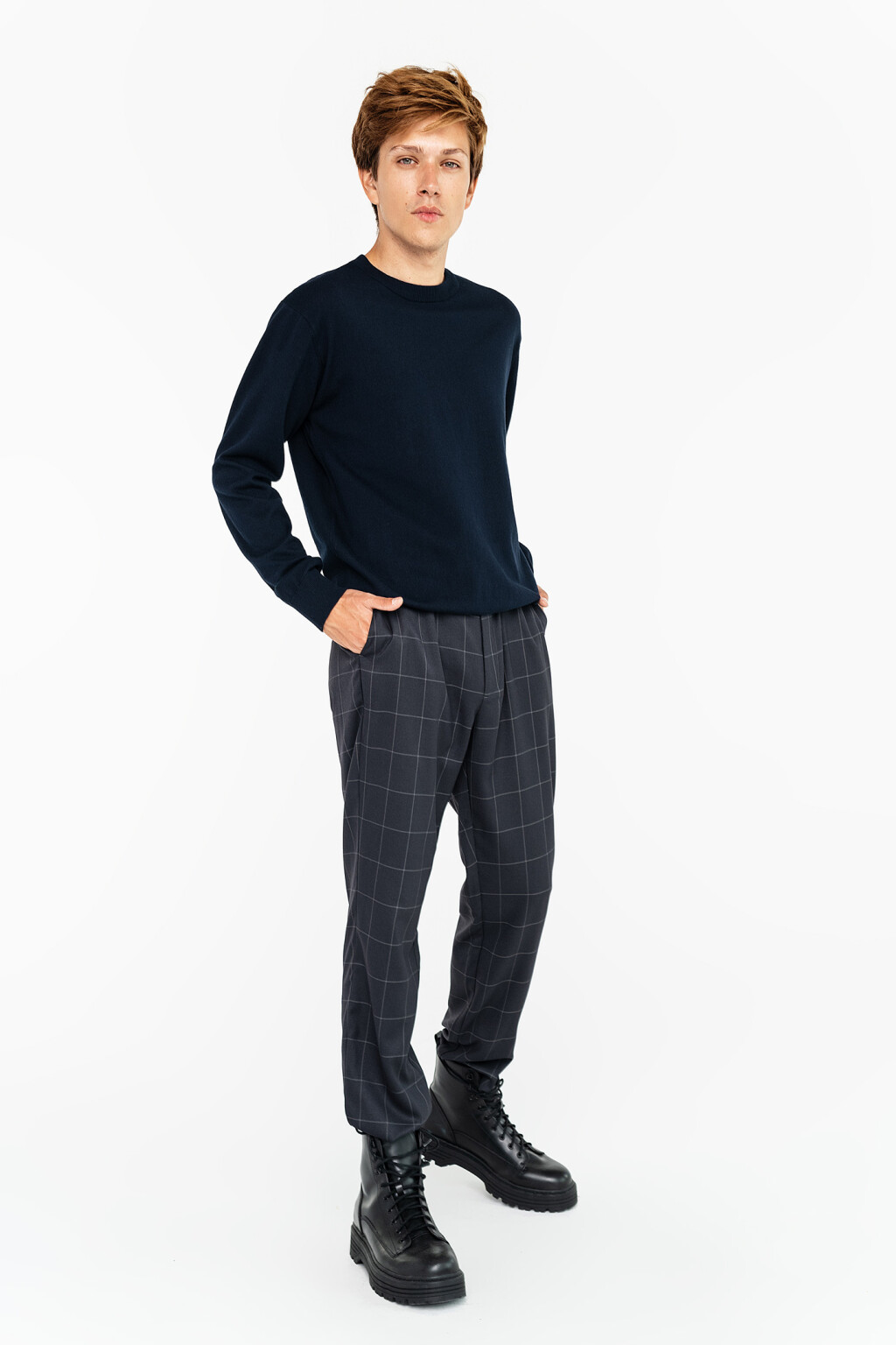 Джемпер хлопковый свободного кроя с круглым вырезом - цвет синий - 2