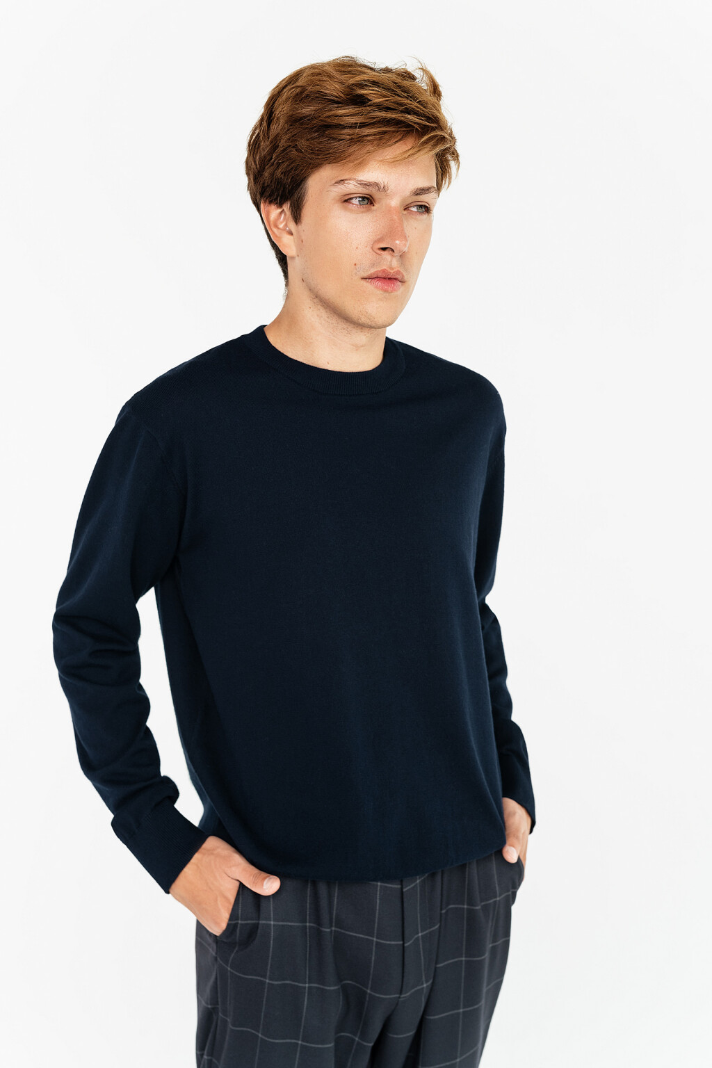 Джемпер хлопковый свободного кроя с круглым вырезом - цвет синий - 3