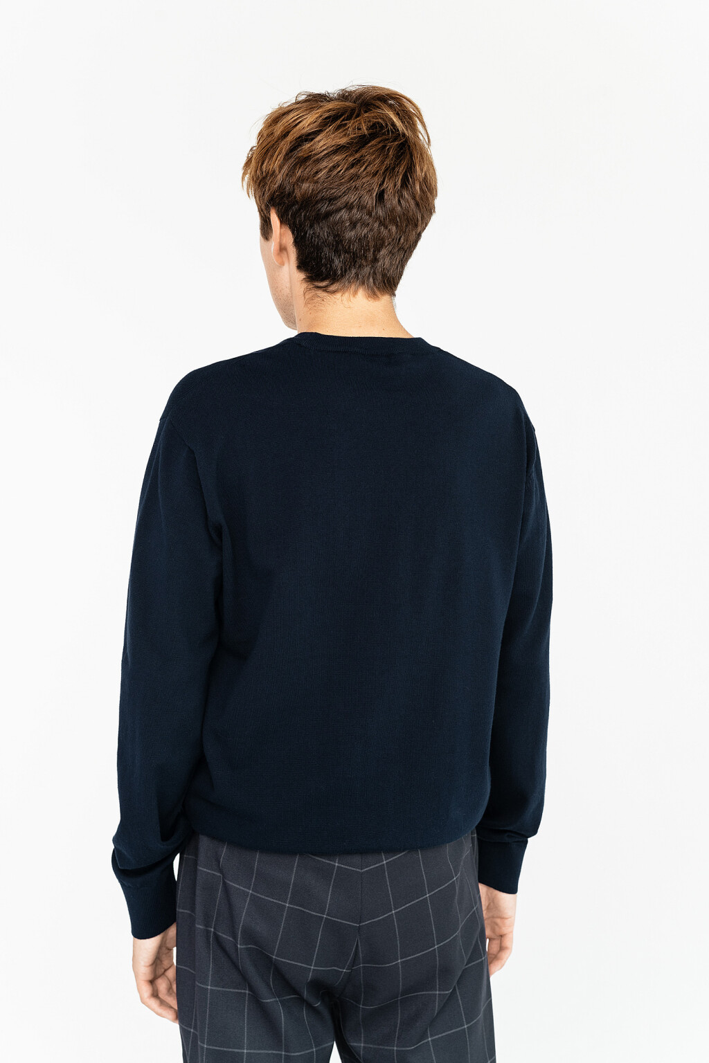 Джемпер хлопковый свободного кроя с круглым вырезом - цвет синий - 4