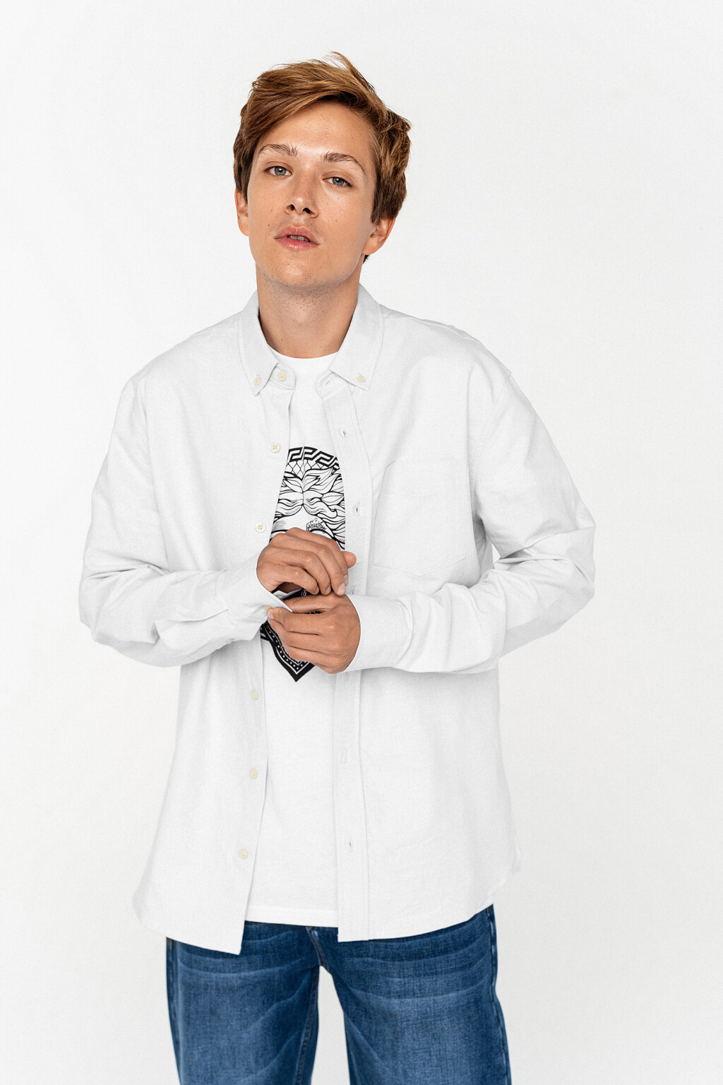 Рубашка хлопковая oversize с воротничком на пуговицах - цвет белый - 3