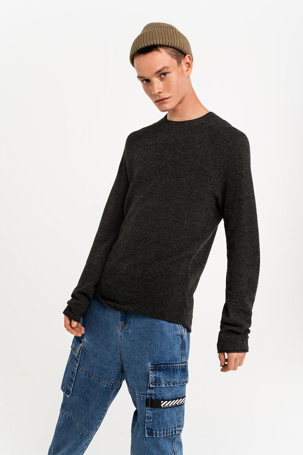 Джемпер хлопковый фактурной вязки с рукавом реглан - цвет зеленый - 1