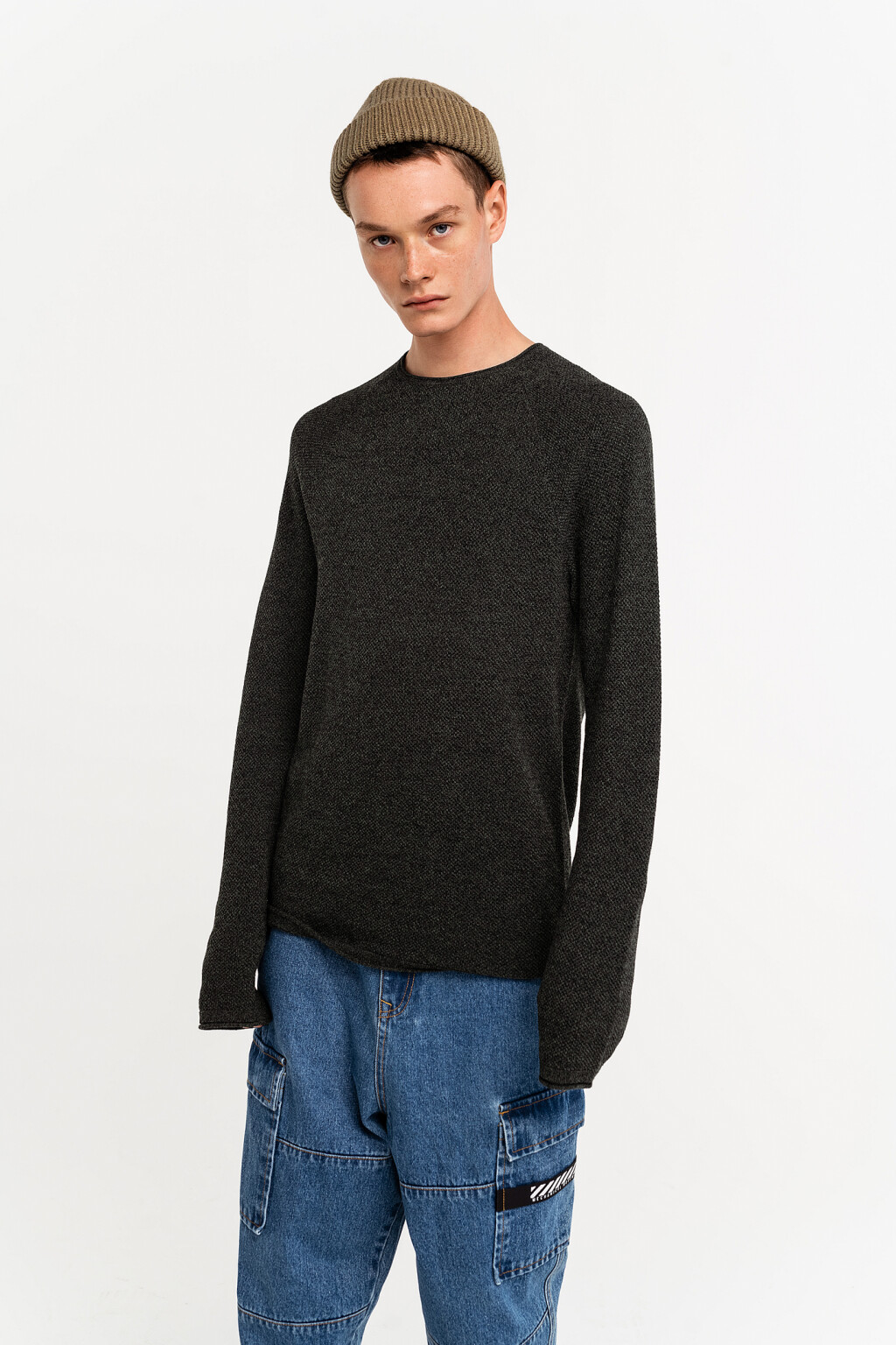 Джемпер хлопковый фактурной вязки с рукавом реглан - цвет зеленый - 4