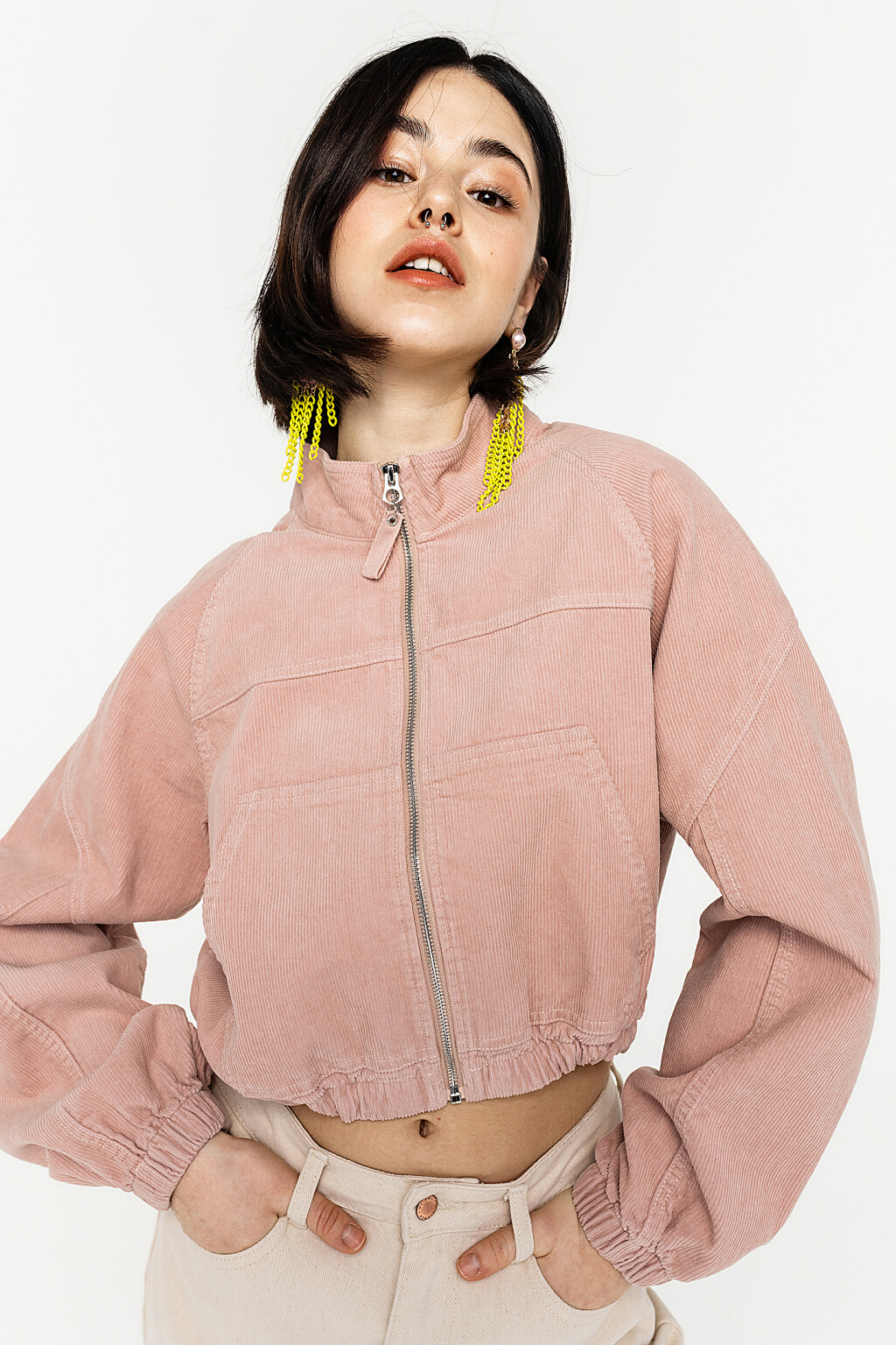 куртка-бомбер вельветовая укороченная - цвет бежевый - 1