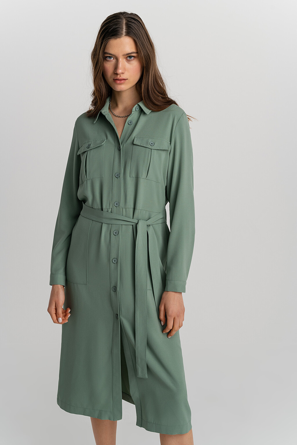 платье-рубашка на пуговицах по всей длине с поясом - цвет зеленый - 3