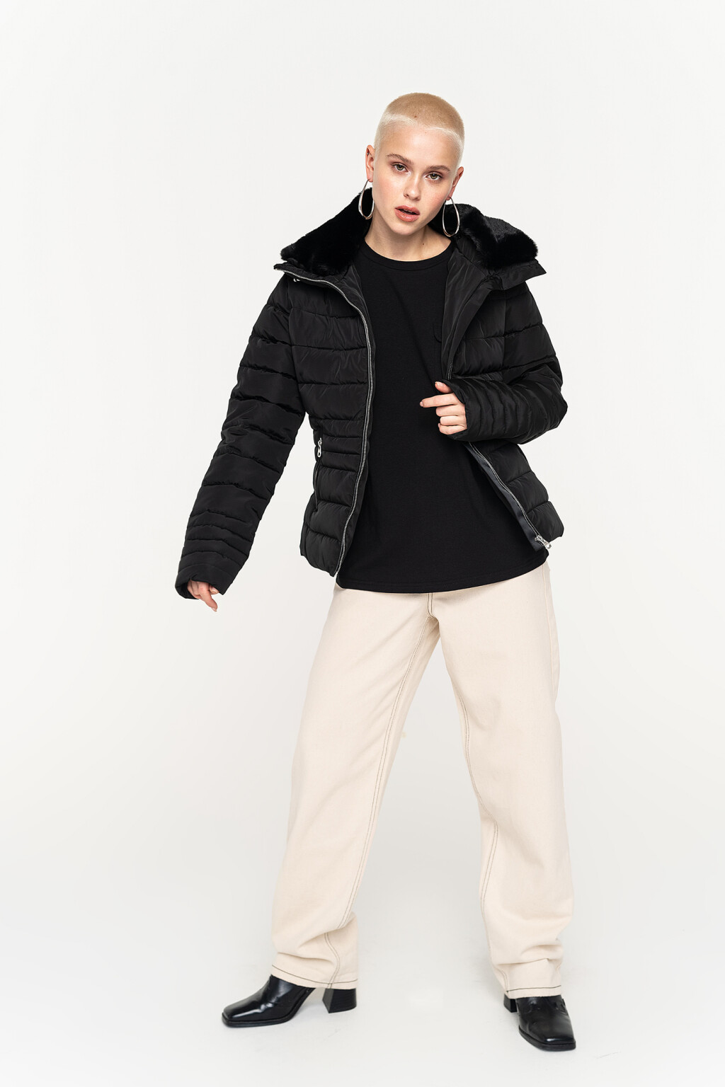 куртка дутая стеганая с воротником из искусственного меха - цвет черный - 1
