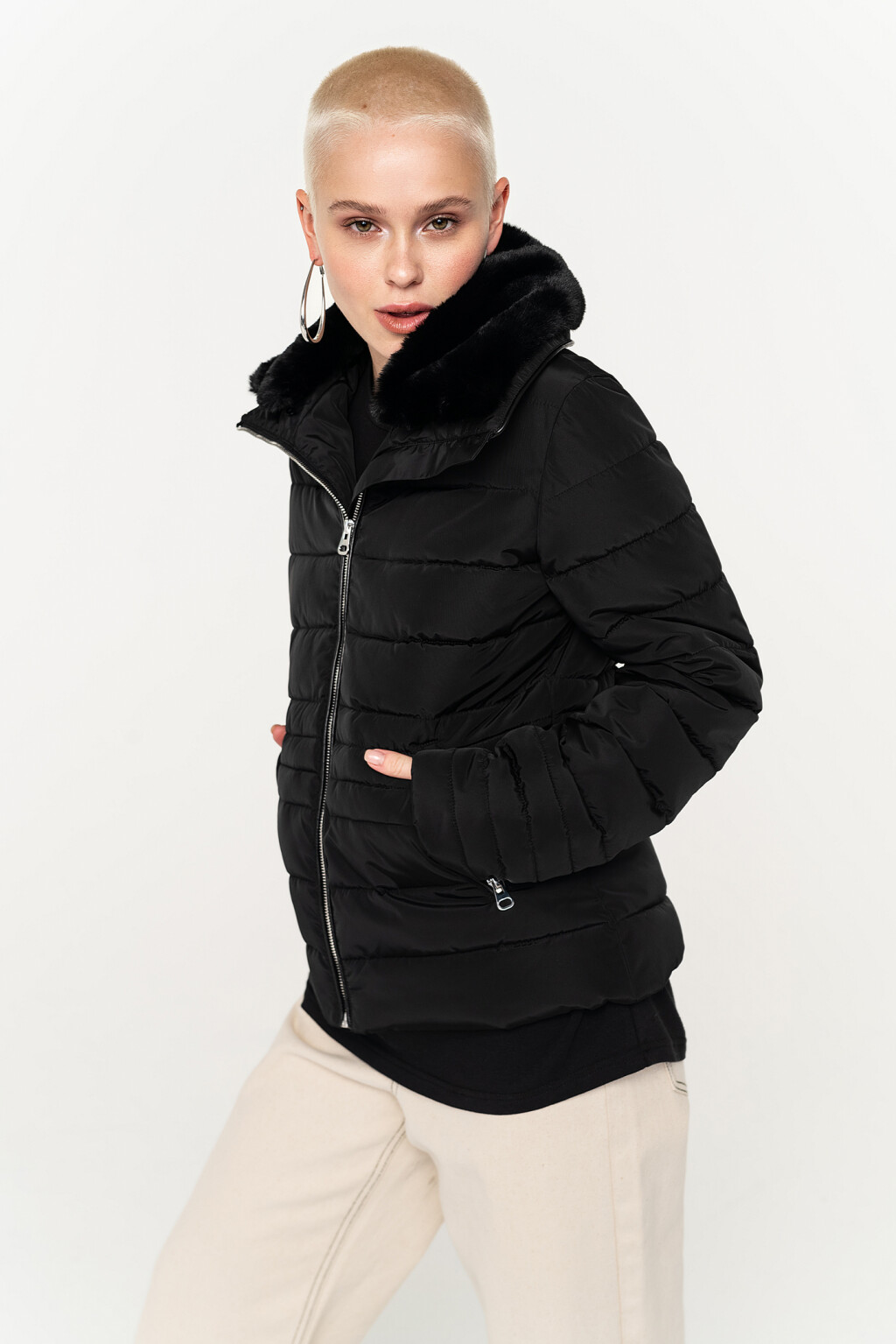 куртка дутая стеганая с воротником из искусственного меха - цвет черный - 3