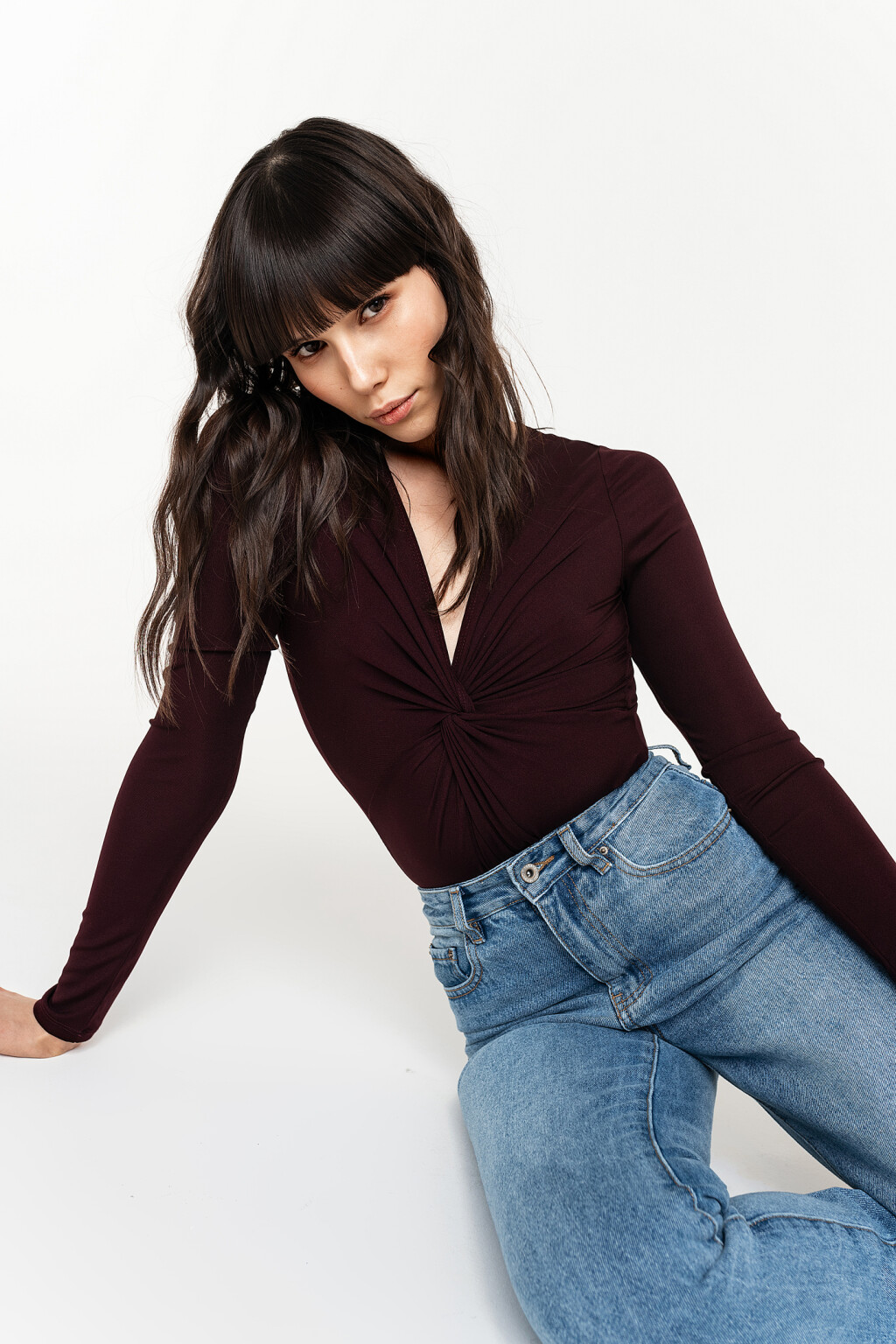 боди с длинным рукавом и v-образным вырезом - цвет бордовый - 2