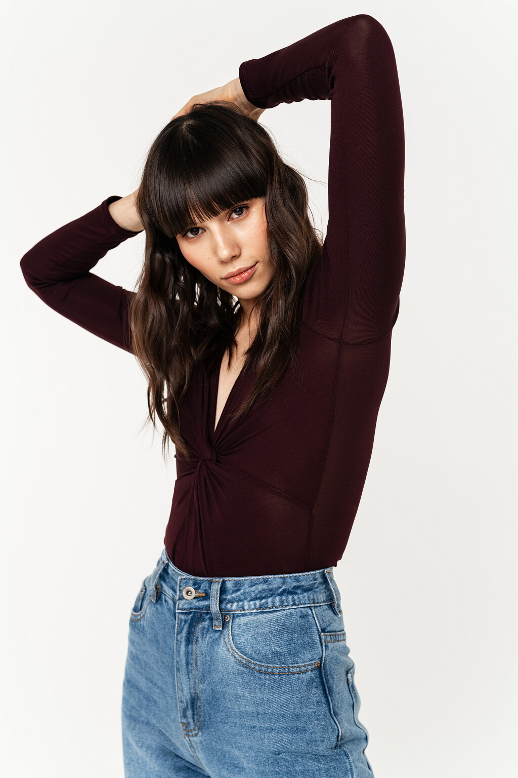 боди с длинным рукавом и v-образным вырезом - цвет бордовый - 3