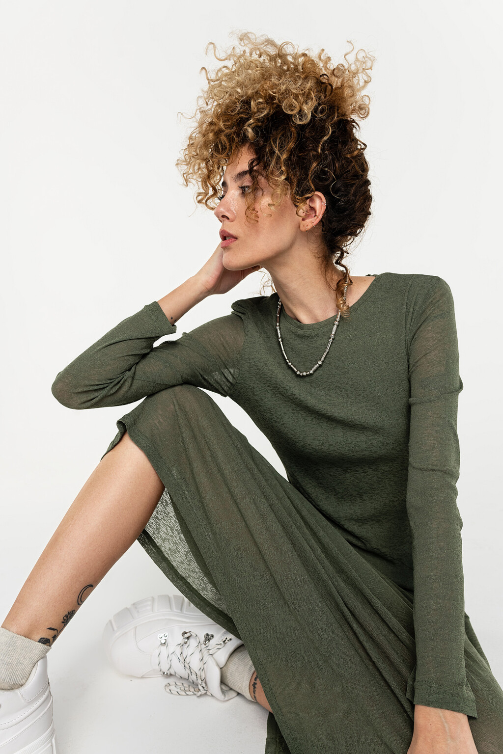 длинное полупрозрачное платье с вшитой подкладкой - цвет зеленый - 1