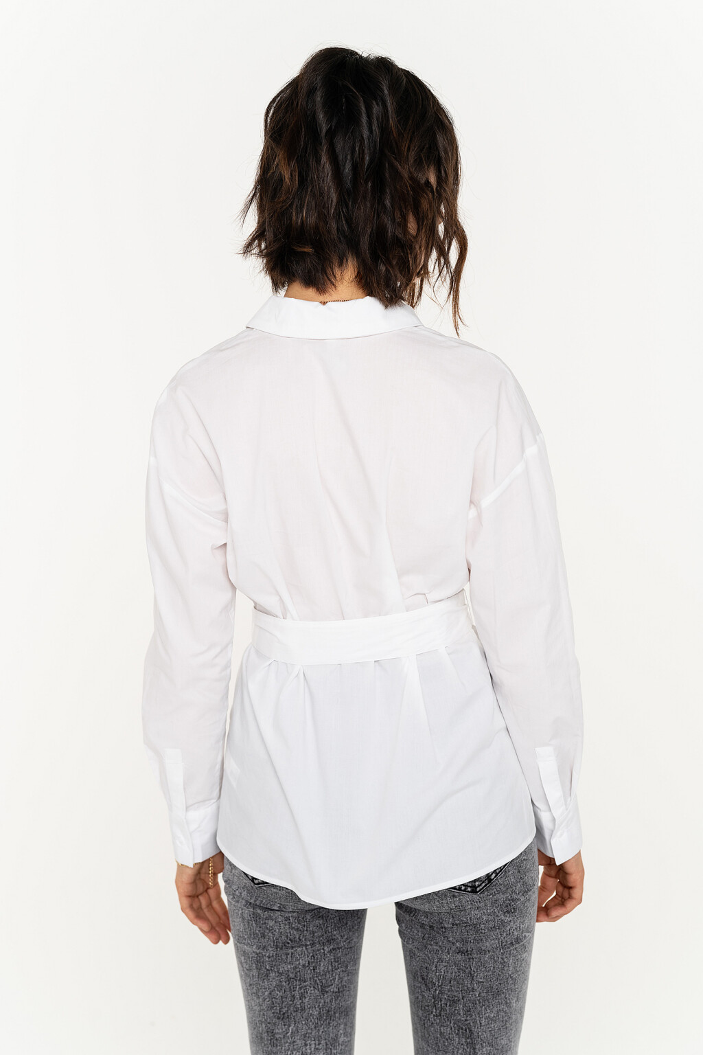 рубашка хлопковая в деловом стиле с поясом - цвет белый - 5