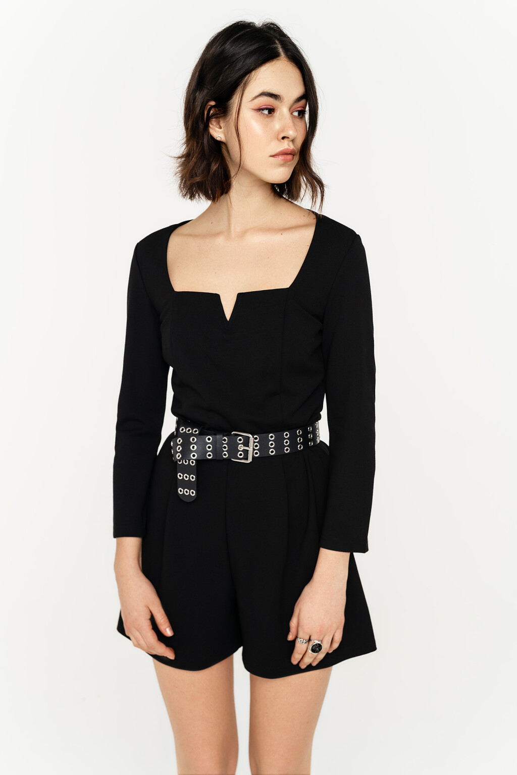 комбинезон короткий с квадратным вырезом и рукавами 3/4 - цвет черный - 3