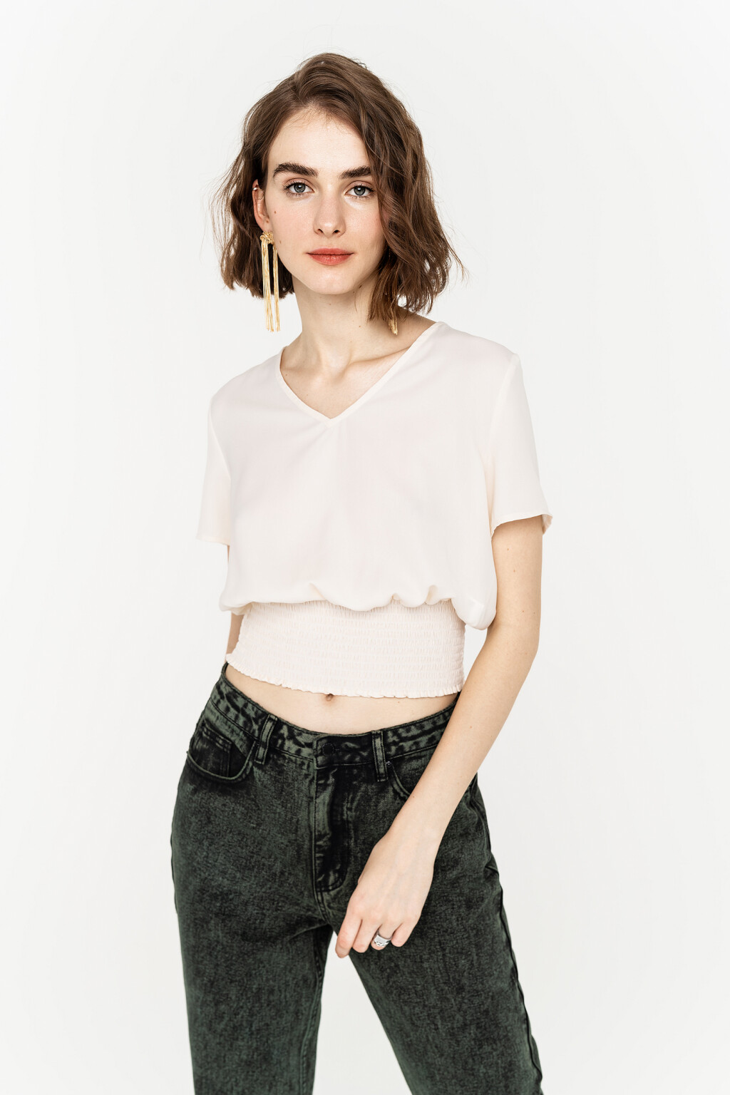 блузка укороченная с резинкой по низу - цвет бежевый - 3