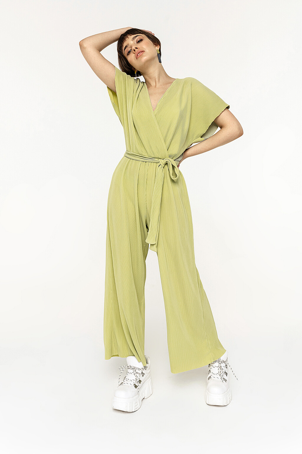 комбинезон длинный на запах с поясом - цвет зеленый - 1