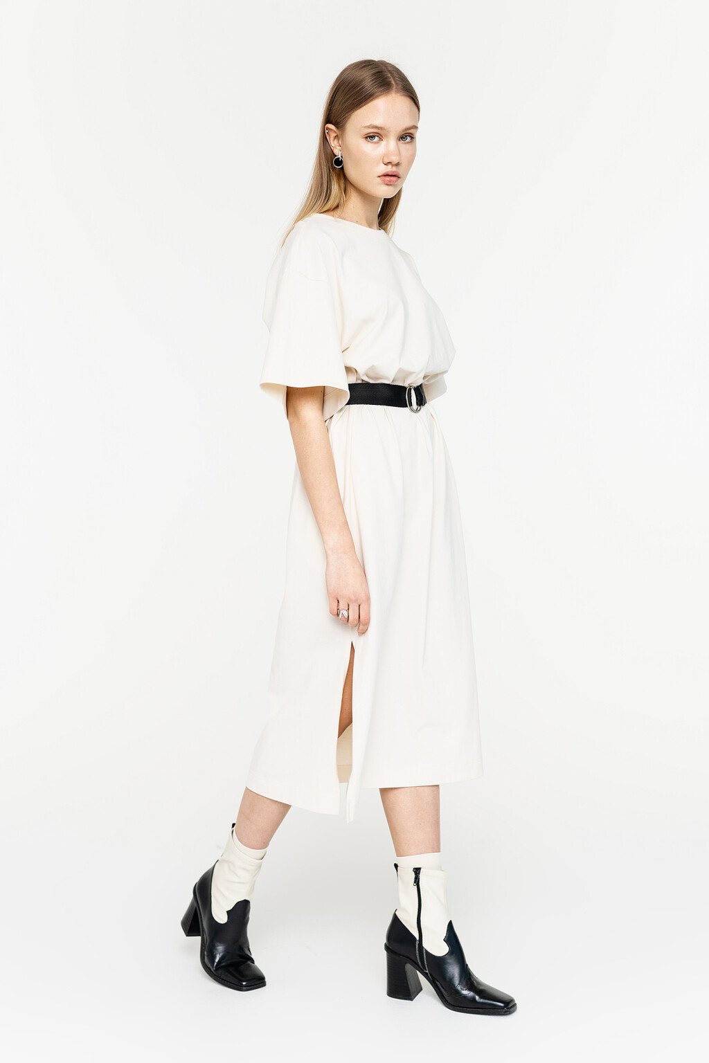 платье трикотажное oversize миди с поясом - цвет бежевый - 1