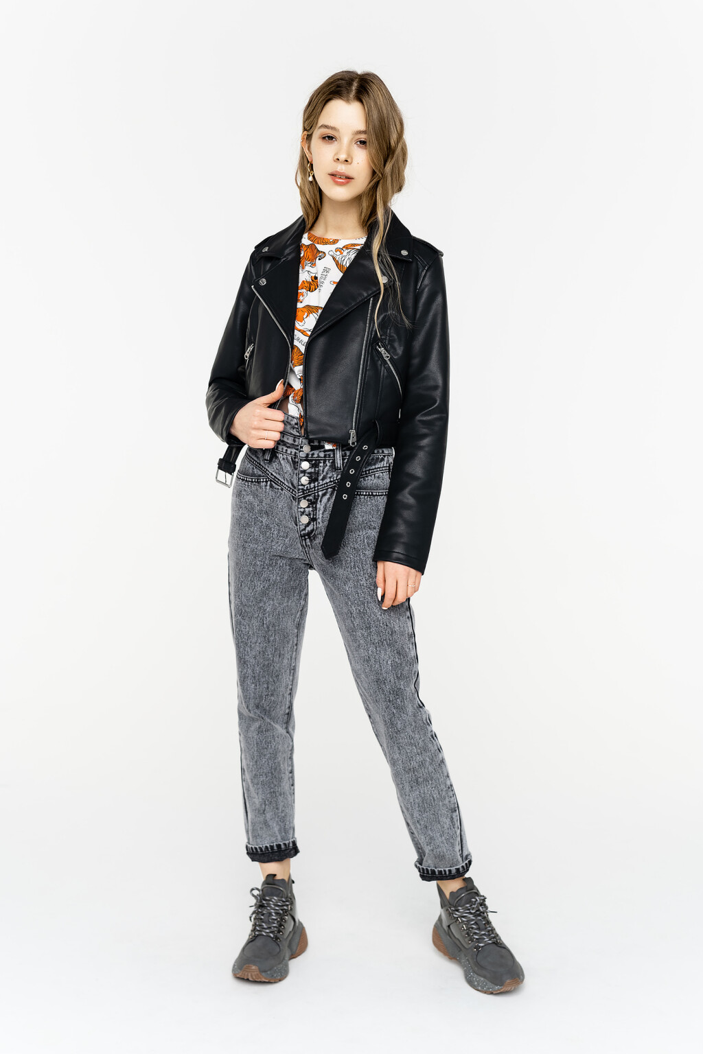 куртка-косуха из экокожи с отложным воротником - цвет черный - 1