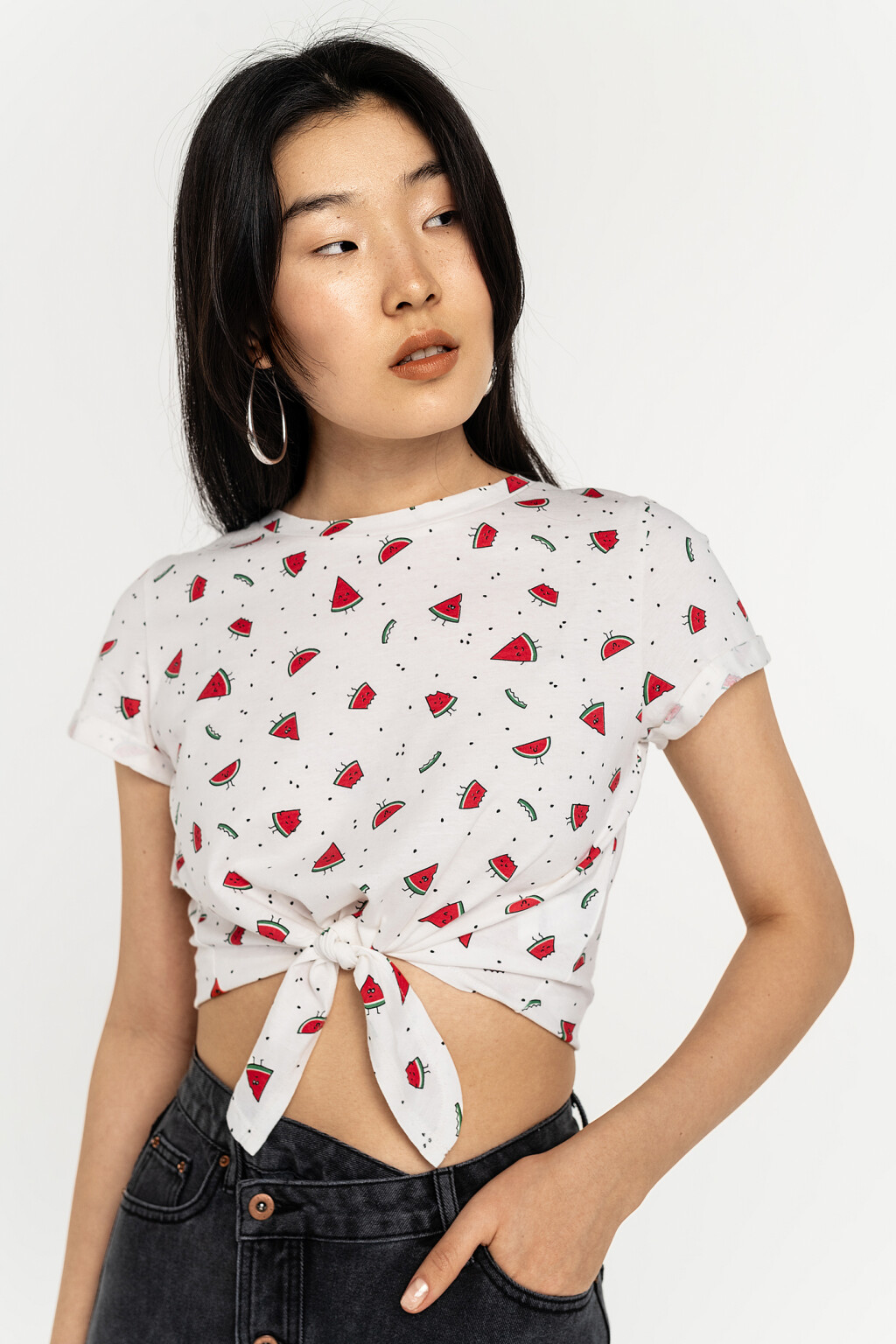 кроп-топ хлопковый с завязками на талии - цвет красный - 1