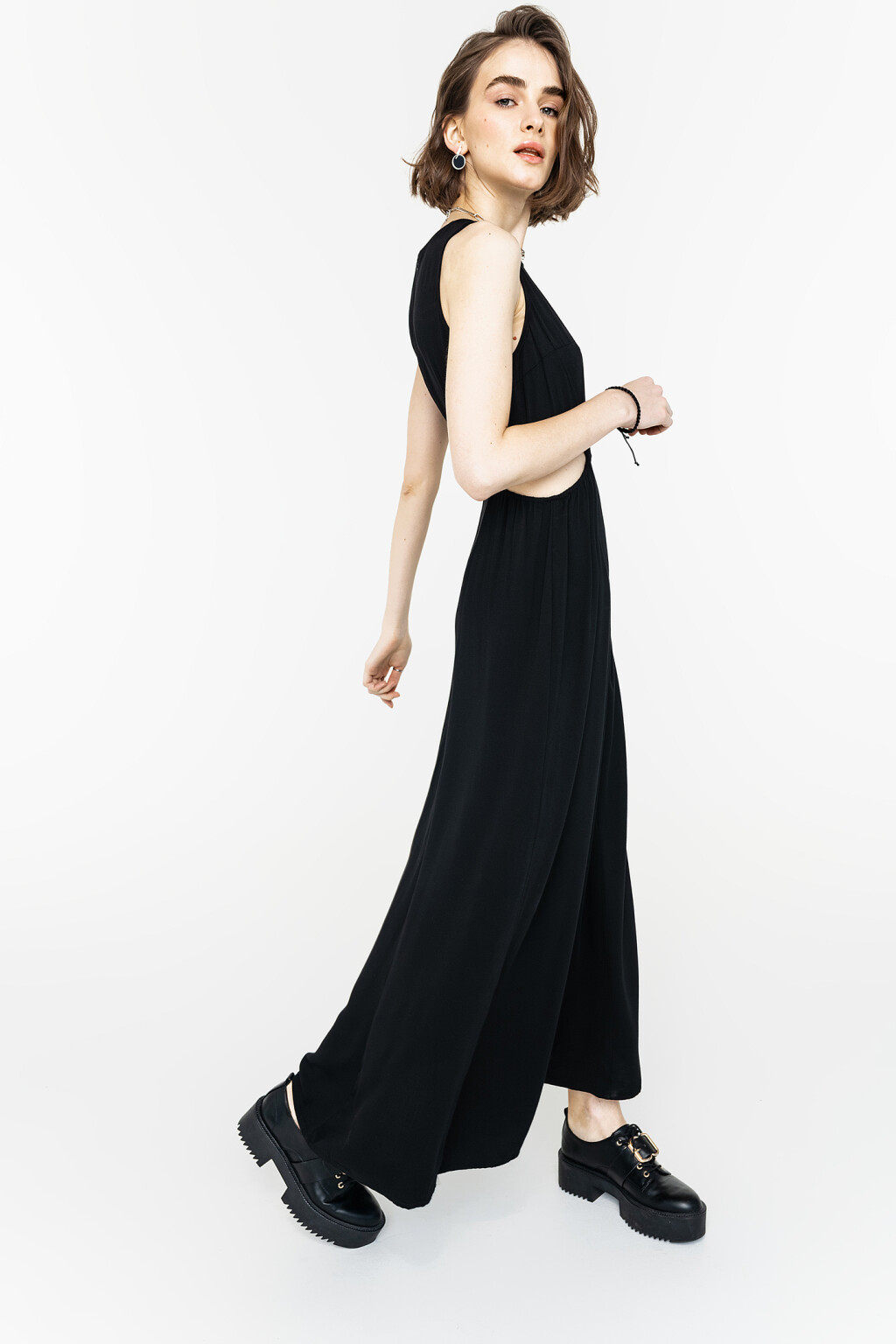 платье длинное без рукавов с разрезами на талии - цвет черный - 1