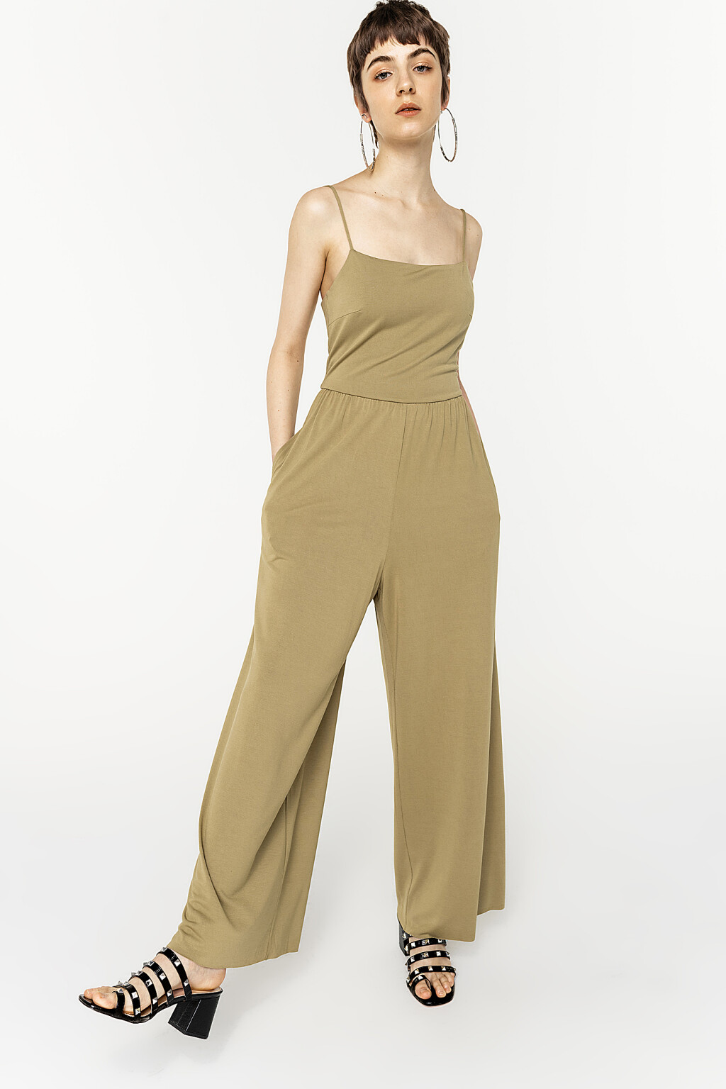 комбинезон длинный трикотажный на тонких лямках - цвет зеленый - 1