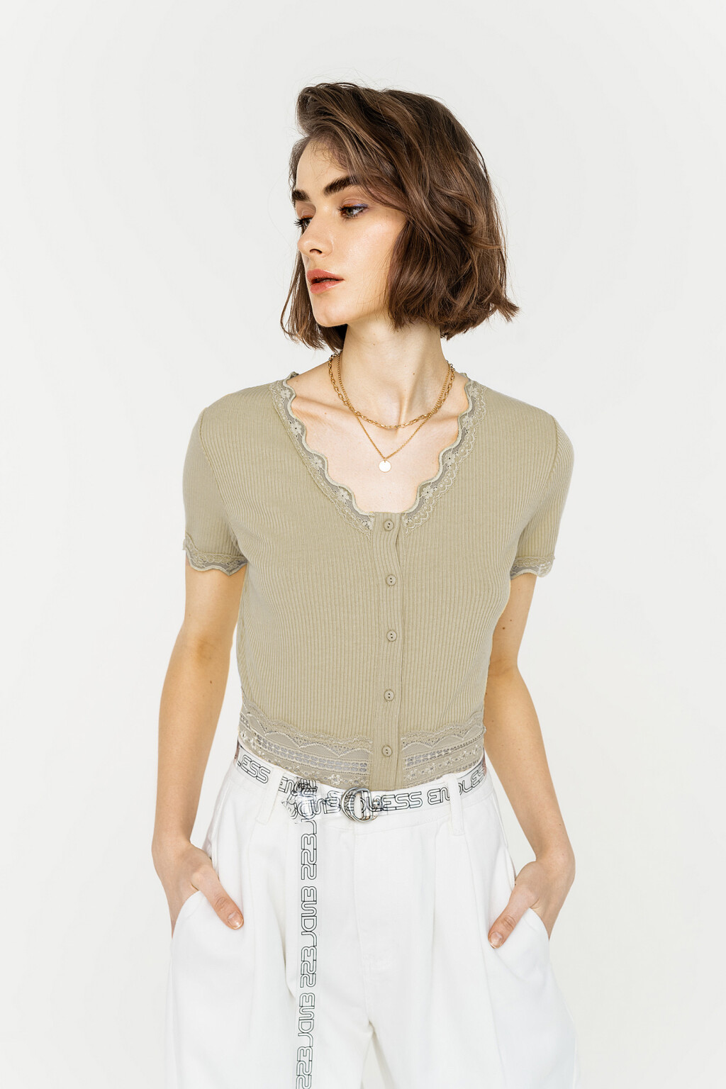 блузка трикотажная в рубчик с кружевной отделкой - цвет зеленый - 1