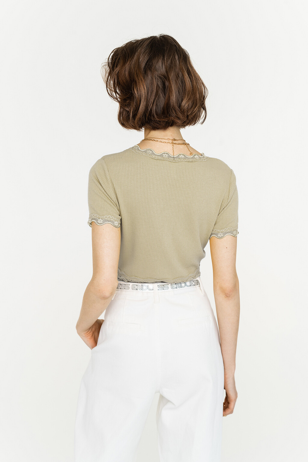 блузка трикотажная в рубчик с кружевной отделкой - цвет зеленый - 4