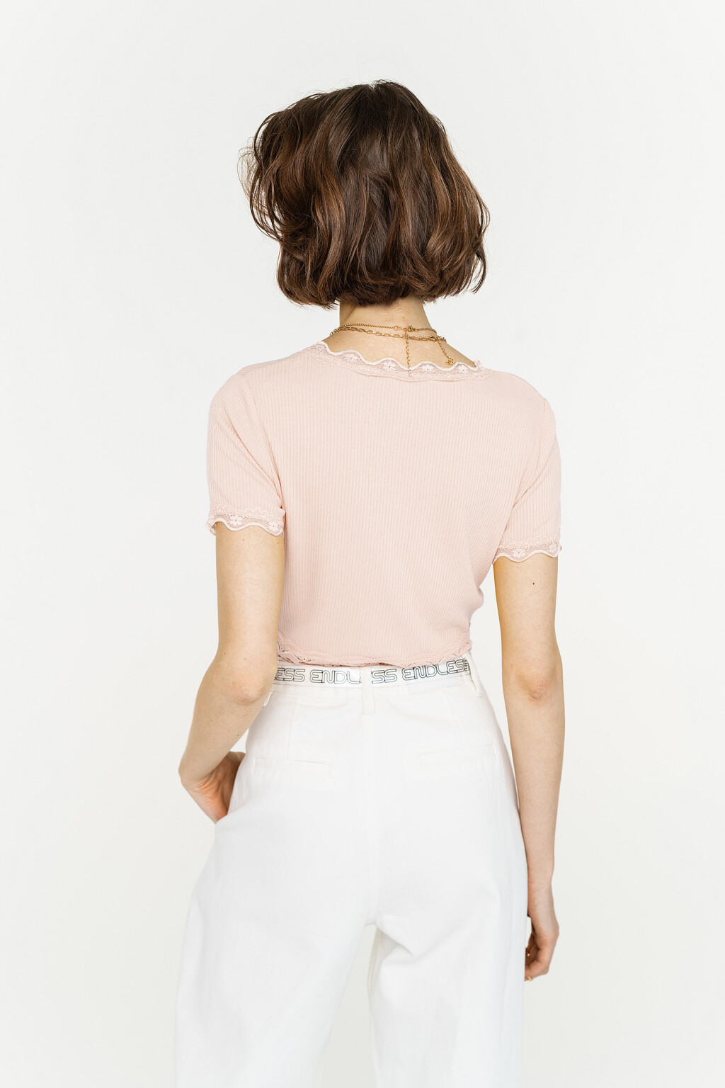 блузка трикотажная в рубчик с кружевной отделкой - цвет розовый - 4