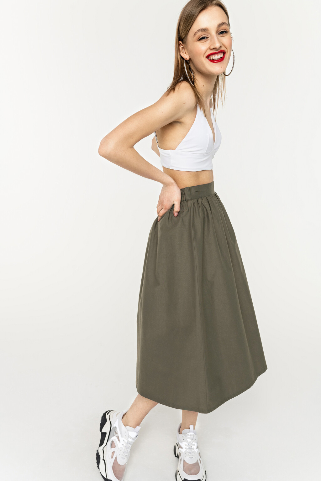 юбка миди А-силуэта с эластичным поясом сзади - цвет зеленый - 1