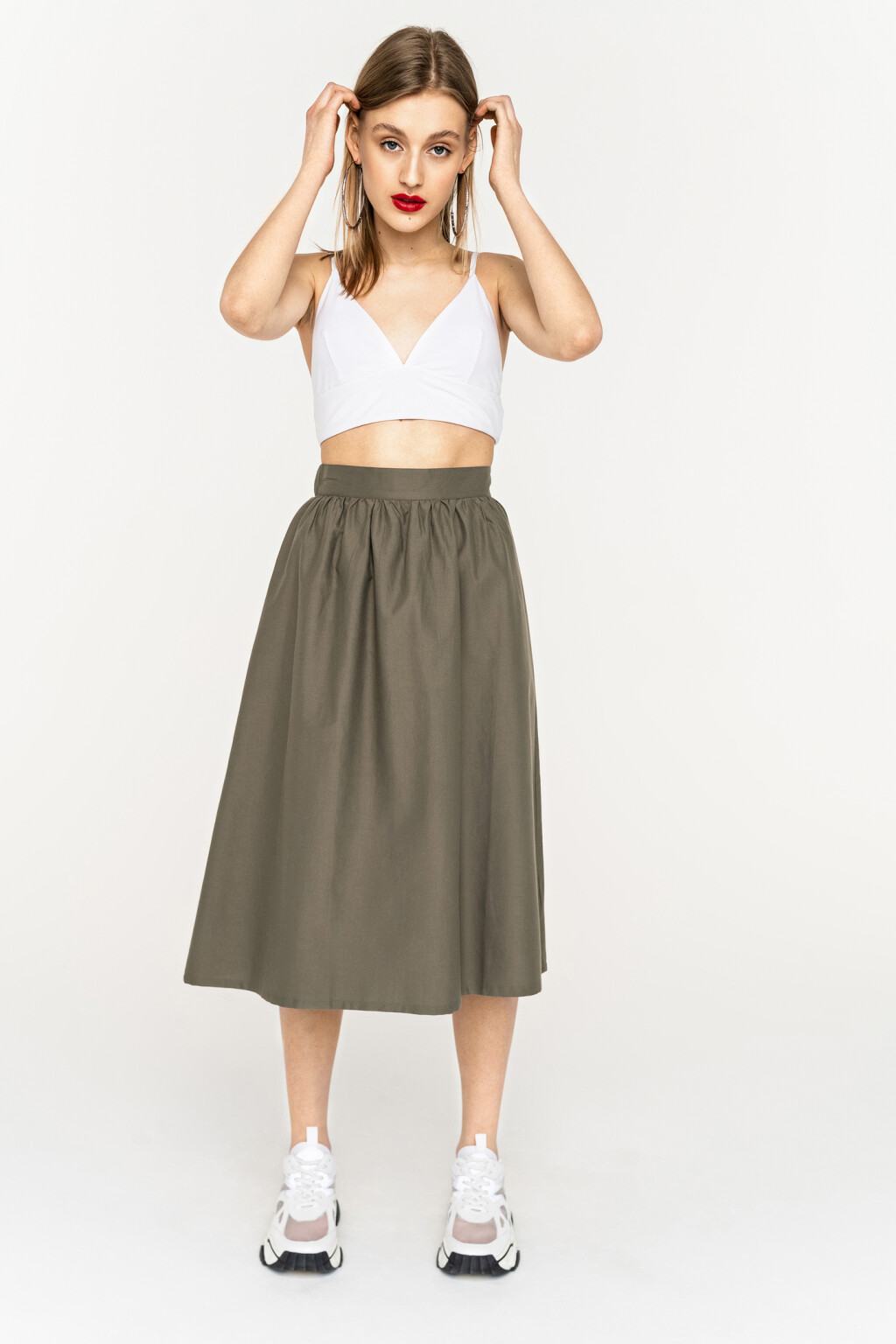 юбка миди А-силуэта с эластичным поясом сзади - цвет зеленый - 2