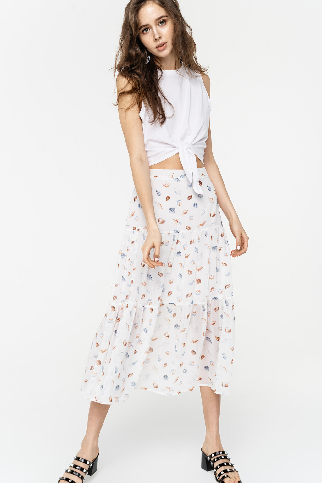 юбка длинная шифоновая с ярусным подолом - цвет белый - 1