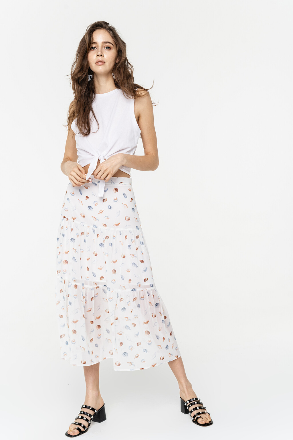 юбка длинная шифоновая с ярусным подолом - цвет белый - 2