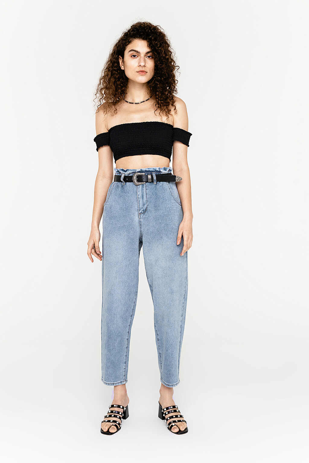 джинсы-бананы укороченные paperbag - цвет голубой - 1