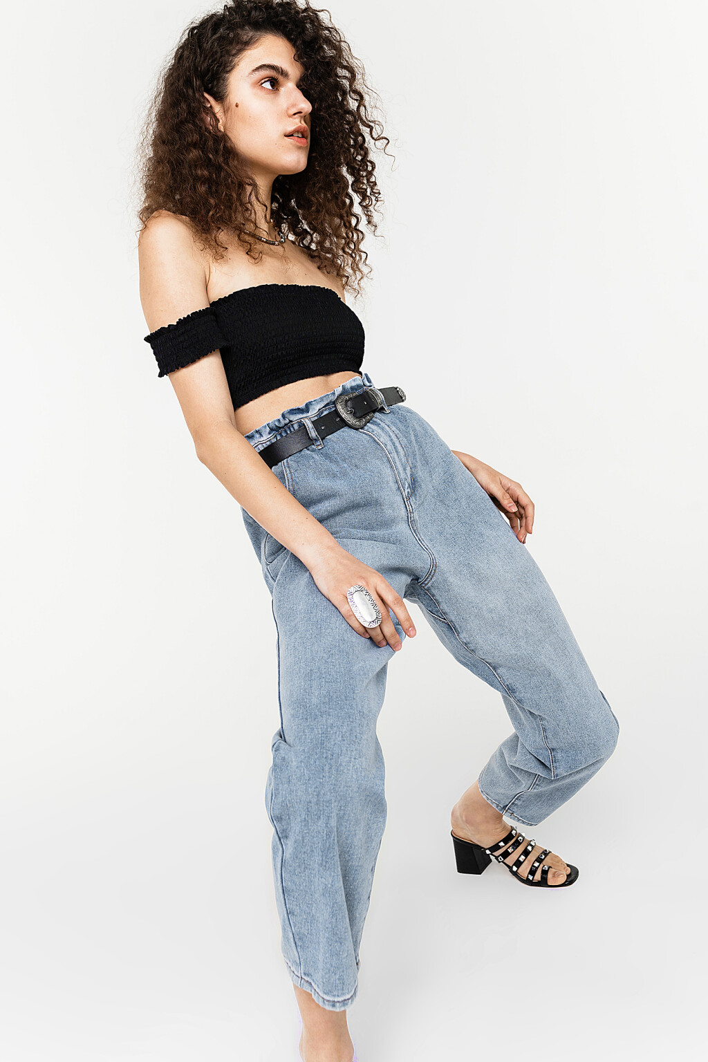 джинсы-бананы укороченные paperbag - цвет голубой - 2