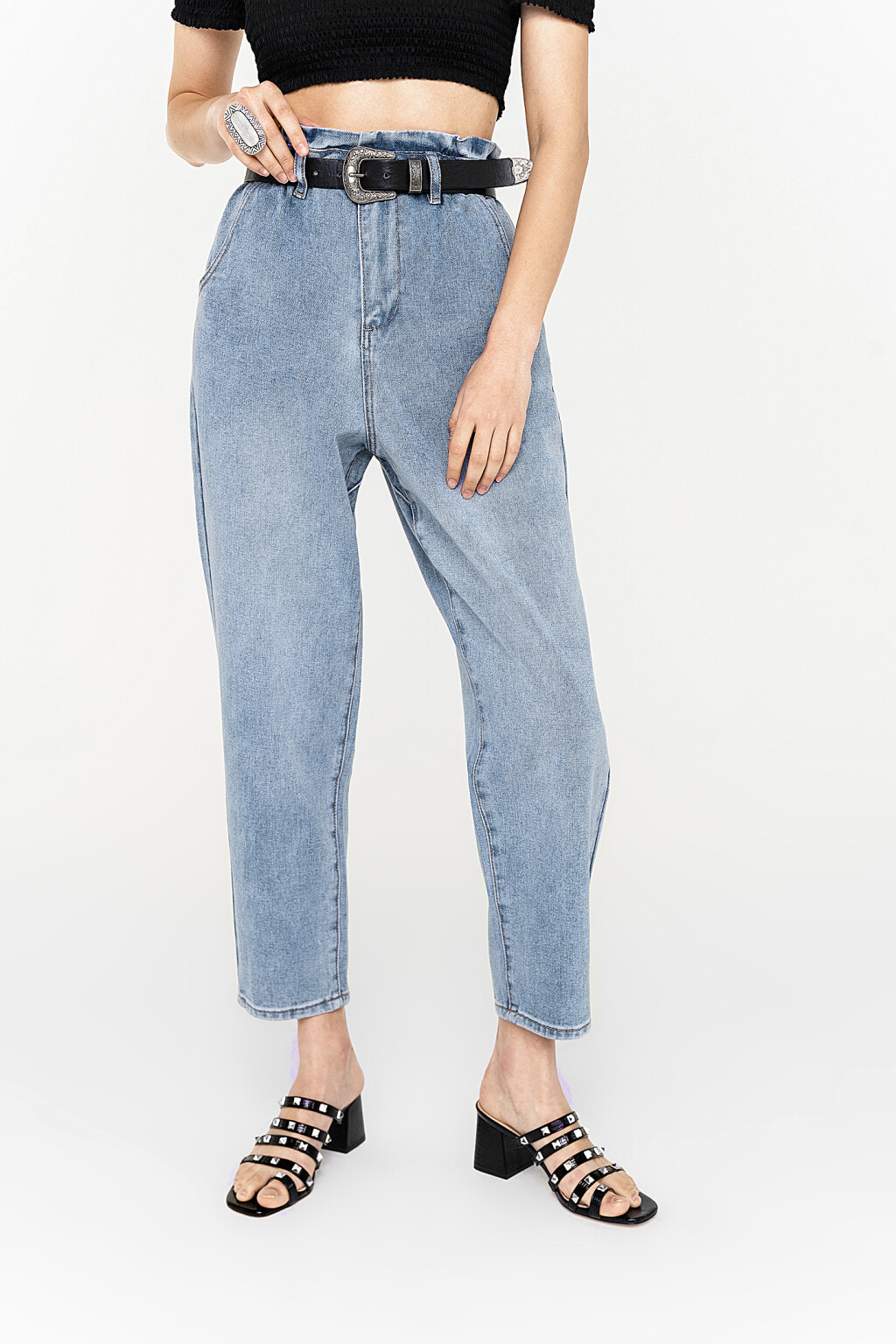 джинсы-бананы укороченные paperbag - цвет голубой - 4