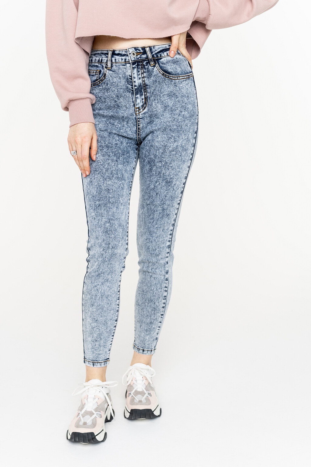 джинсы skinny укороченные с высокой посадкой - цвет голубой - 4
