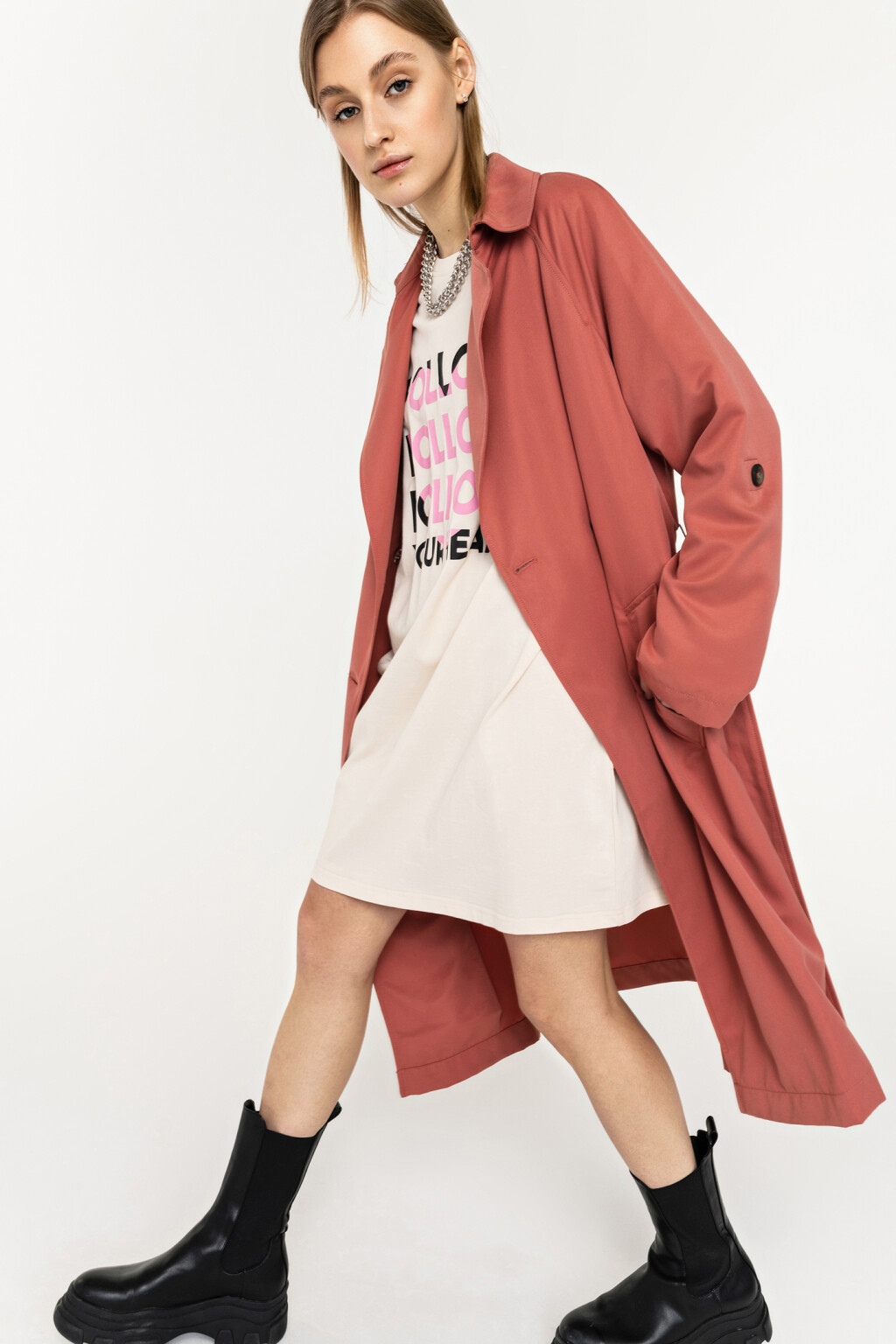 тренч удлиненный с пелериной и поясом - цвет розовый - 1