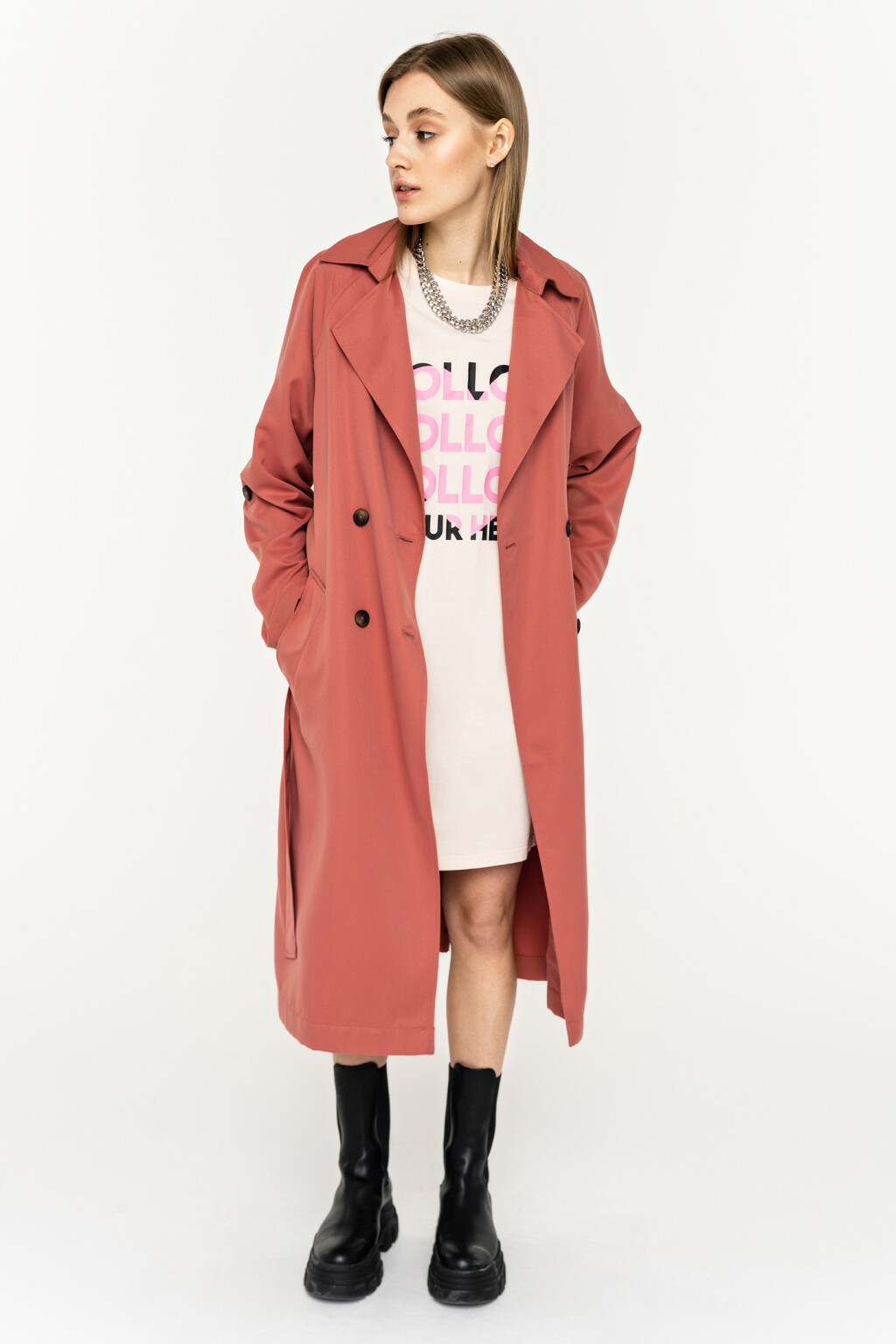 тренч удлиненный с пелериной и поясом - цвет розовый - 2