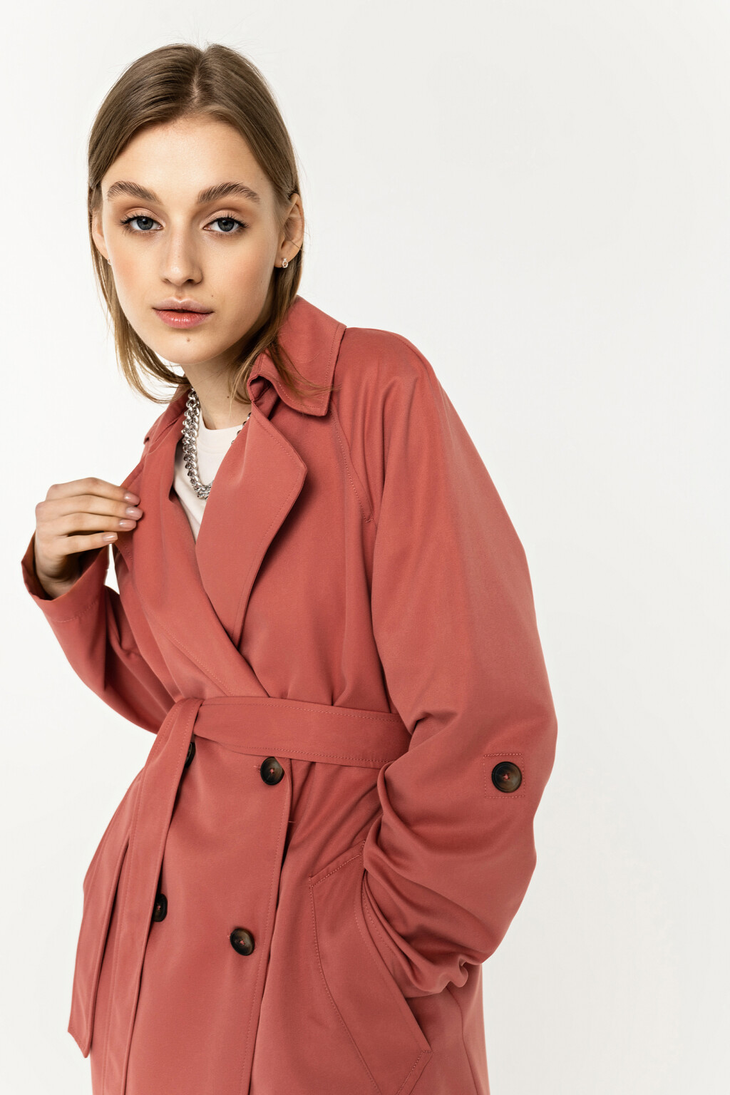 тренч удлиненный с пелериной и поясом - цвет розовый - 3