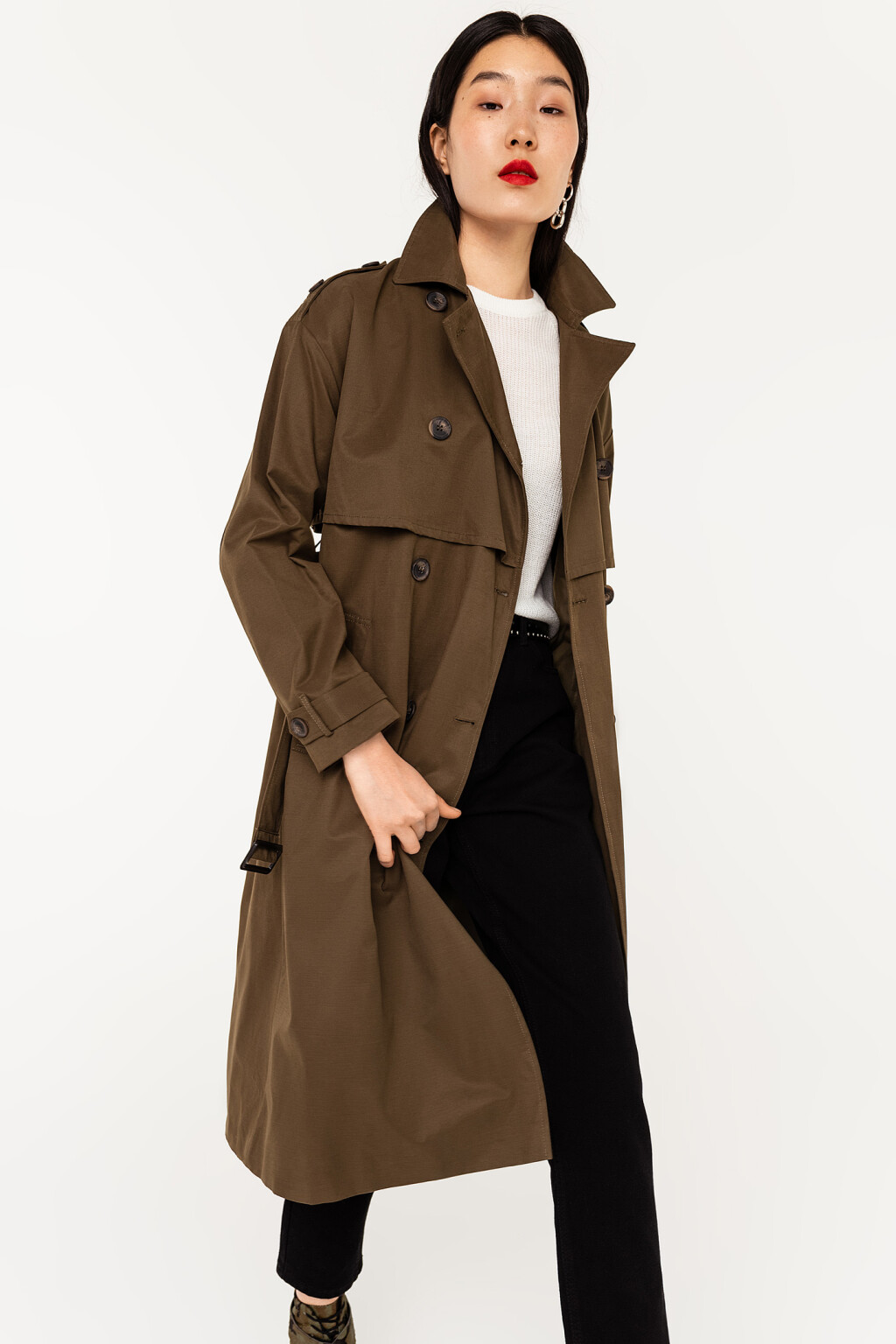 тренчкот двубортный с пелериной и поясом - цвет зеленый - 1