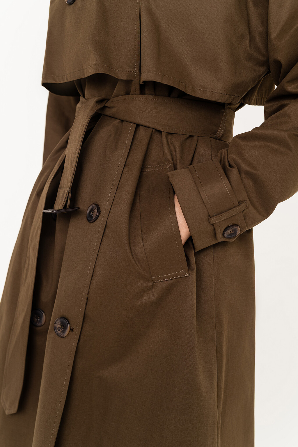 тренчкот двубортный с пелериной и поясом - цвет зеленый - 4