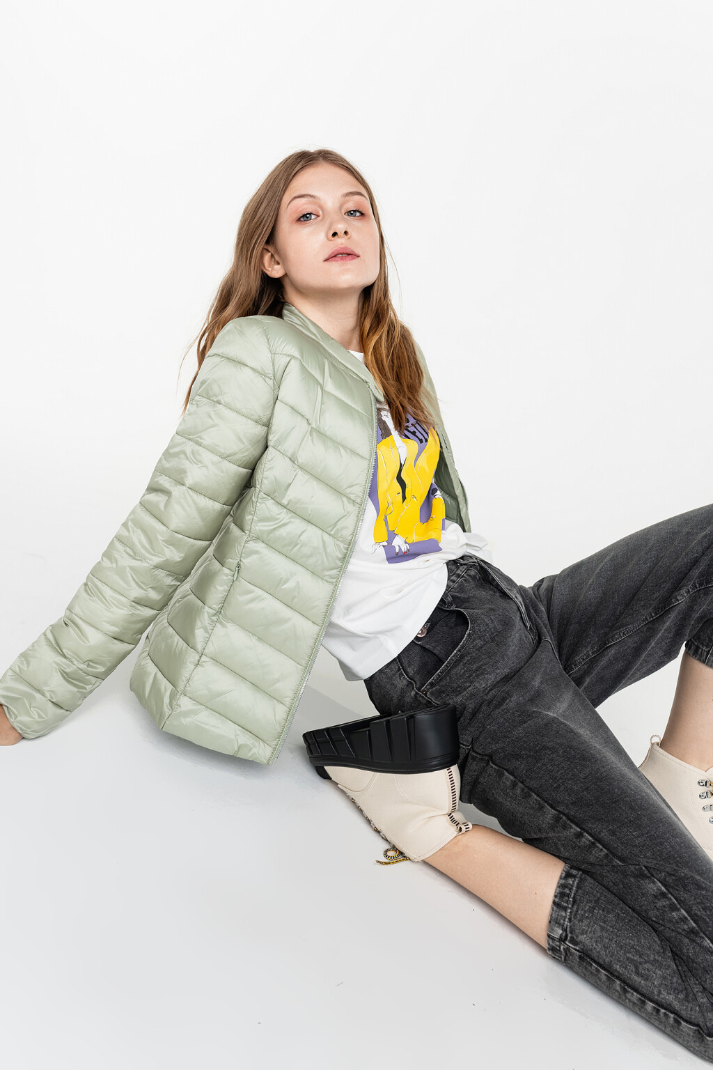 куртка стеганая с воротником на кнопке и застежкой на молнию - цвет зеленый - 2