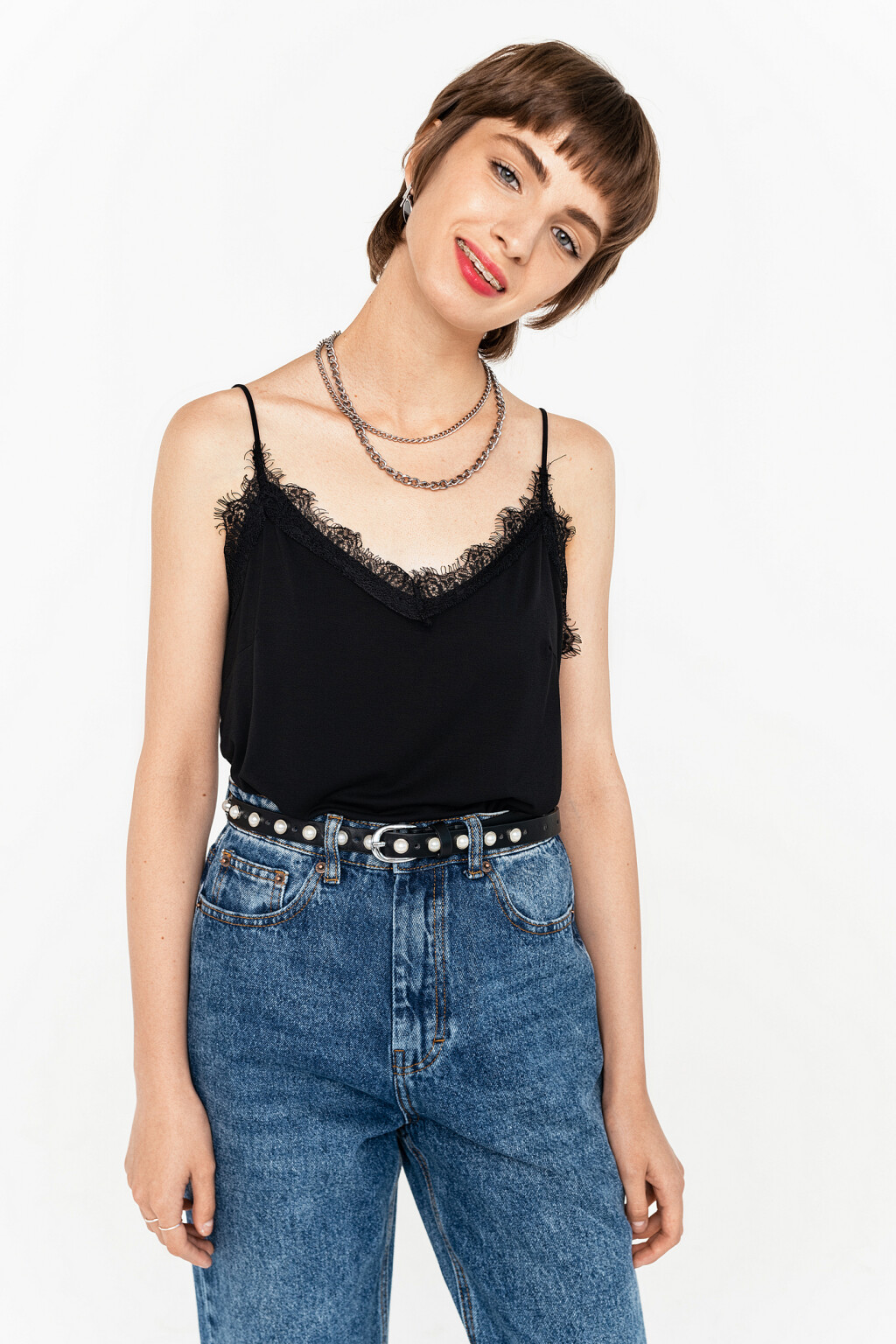топ трикотажный в бельевом стиле - цвет черный - 2