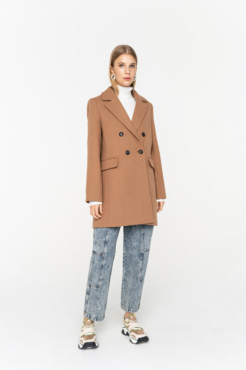 пальто двубортное прямое с отложным воротником и лацканами - цвет бежевый - 4