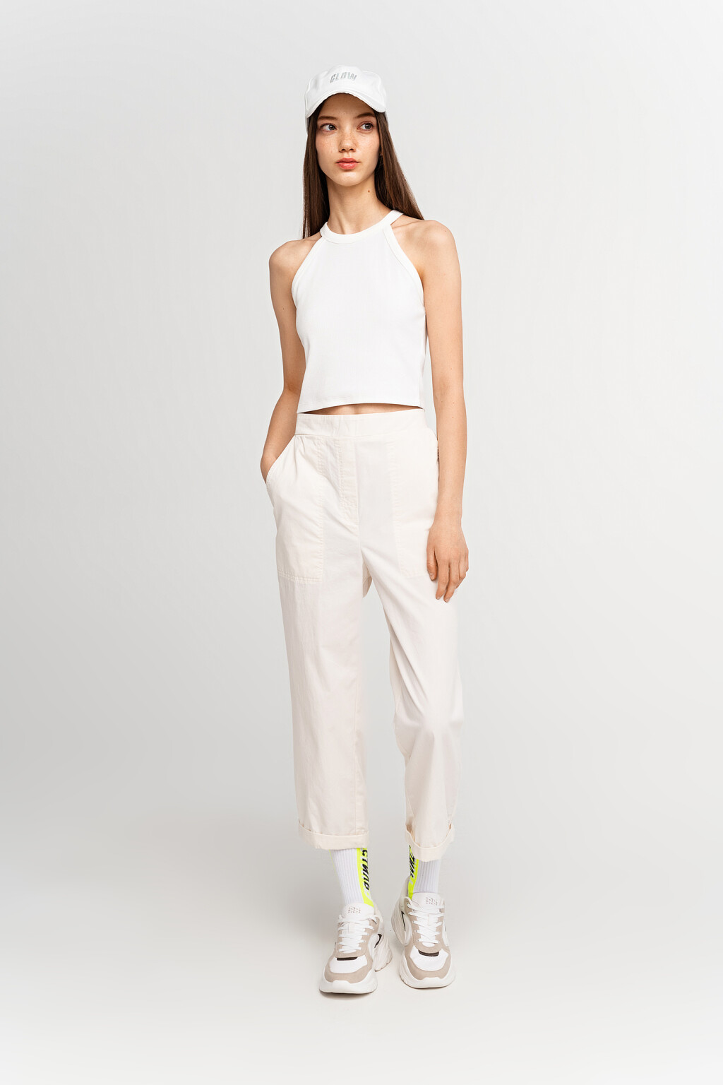 брюки укороченные хлопковые с резинкой на поясе - цвет белый - 1