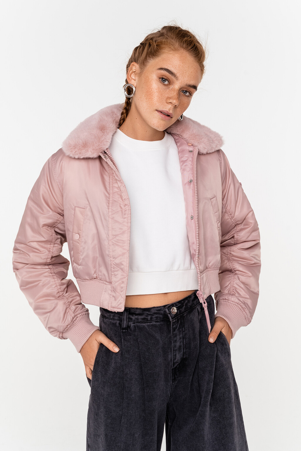 Куртка укороченная с воротником из искусственного меха - цвет розовый - 2