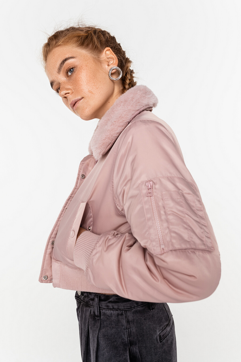 Куртка укороченная с воротником из искусственного меха - цвет розовый - 5